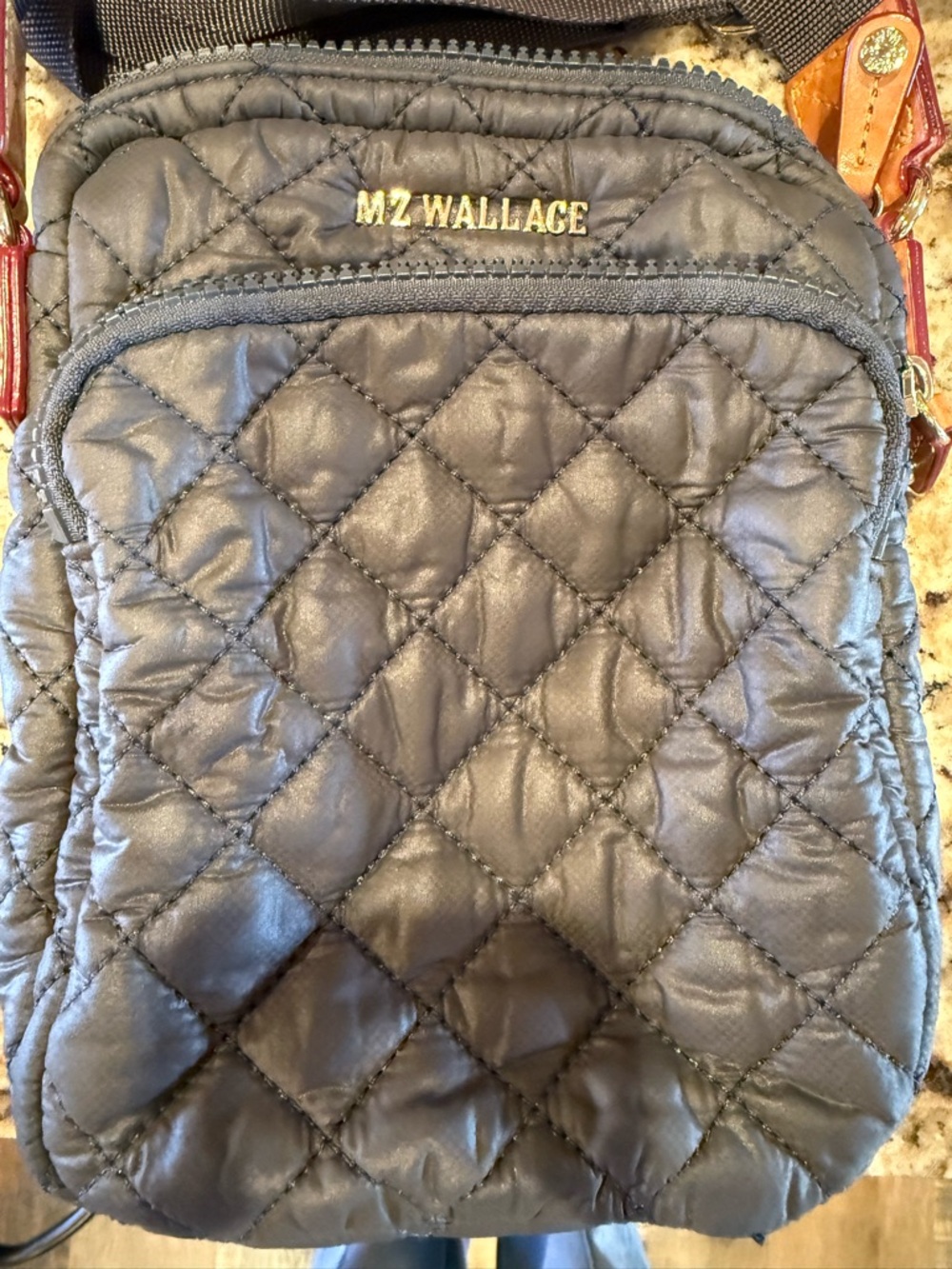 MZ WALLACE Metro Quilted Crossbody Bag in Charcoal Gray.